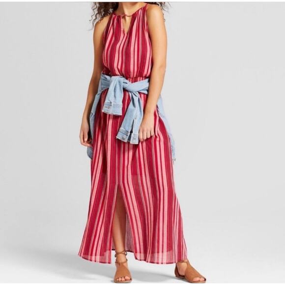 Universal Thread red pink vertical stripe maxi dress keyhole smocked waist - Picture 1 of 8